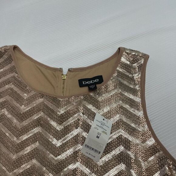 NWT Bebe Uptown Leather And Shine Gold Sequin Tank Top Size Medium New - Picture 2 of 7